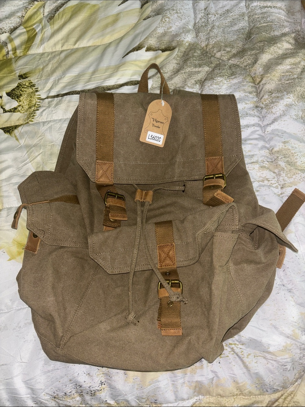 Vagarant Traveler Large Canvas Drawstring Backpack - Tan Brown